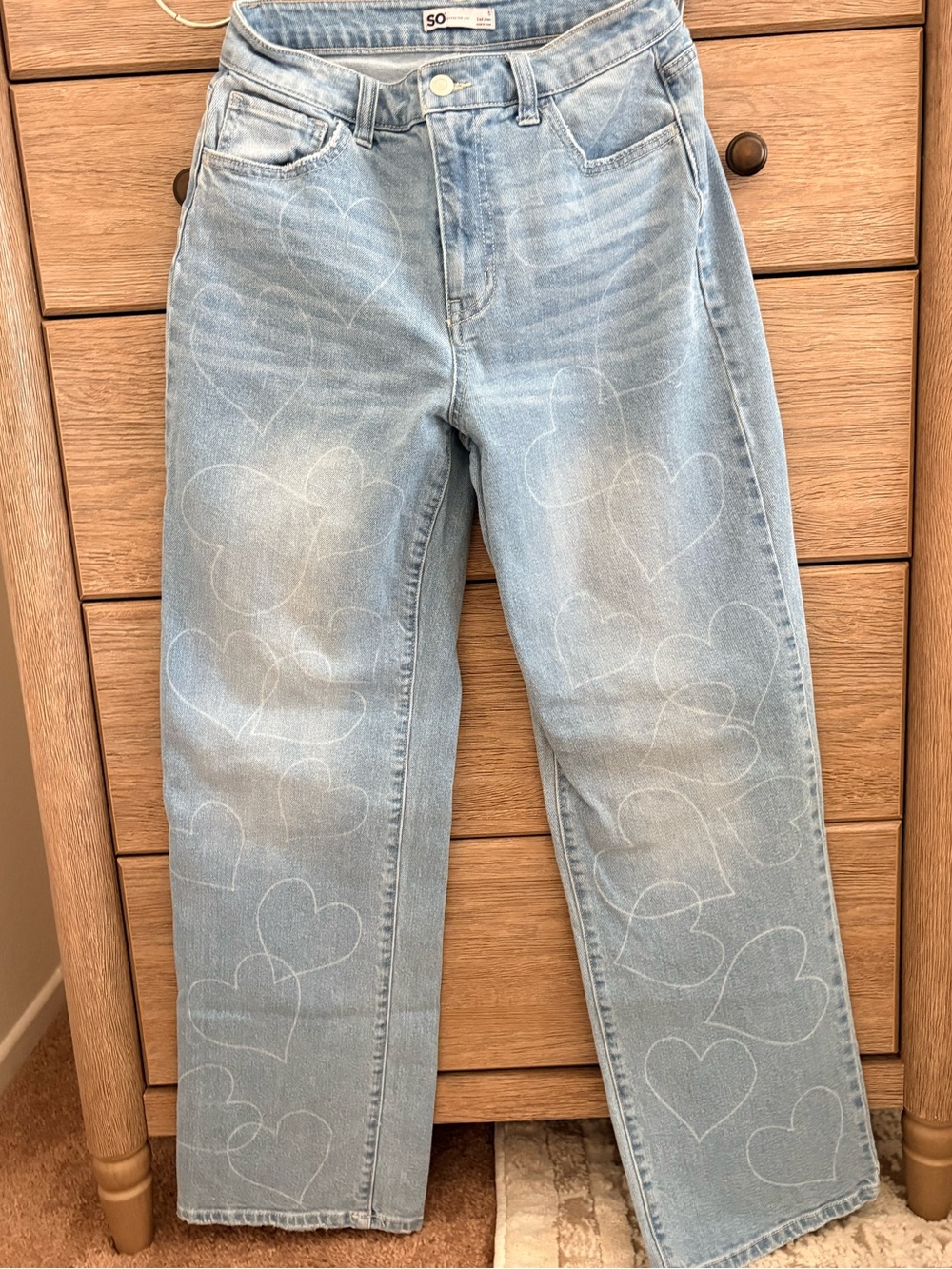 SO Light Blue Heart-Print Straight Leg Jeans